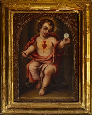 Beautiful Sacred Heart of Jesus with a 17th century colonial frame. Measurements: 20 x 15 cm 