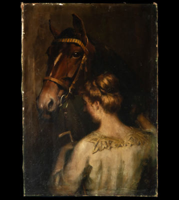 Lady next to a horse, Romanticist school of the late 19th century. Oil on canvas, measurements: 