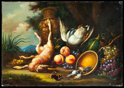 Italian still life of game and fruits 19th century. Oil on canvas, measurements: 100 x 70 cm