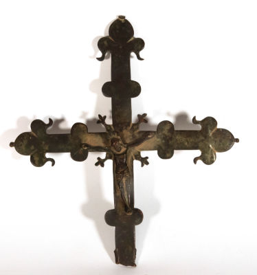 15th century Tuscan Gothic bronze crucifix, Veneto, Northern Italy. Measurements: 30 x 28 cm