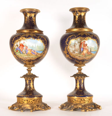 Beautiful Pair of Sèvres Flower Vases mounted in mercury gilt bronze, perfect condition, 19th 