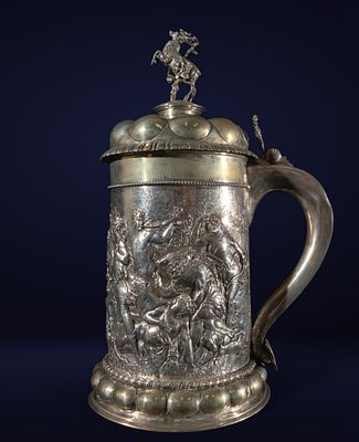 German silver tankard with lid topped by a deer, Germany, 20th century. German silver tankard 