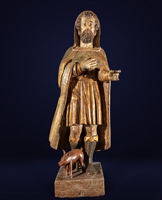 Castilian School of the 15th - 16th century - San Antonio Abad. Polychrome and gilded carved 