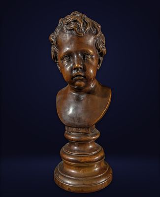 French School of the 19th Century - Bust of a Child on a Pedestal. Patinated bronze, with 