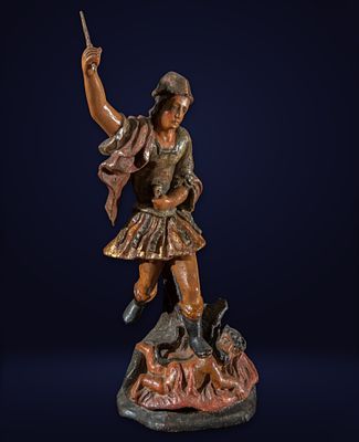 17th Century Colonial School - Saint Michael the Archangel Defeating the Devil. Polychrome and 