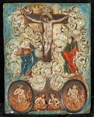New Spain School of the 17th century - Relief with a scene of Mount Calvary and hell. Polychrome 