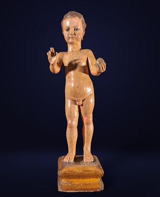 Spanish School of the 17th - 18th Century - Infant Jesus Salvador Mundi. Polychrome and gilded 
