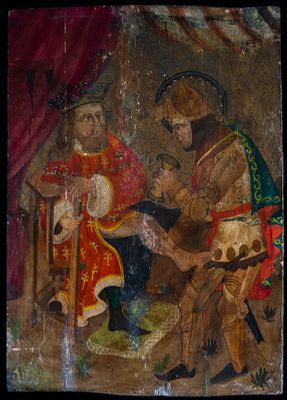 Aragonese School of the 14th-15th century - King Aragon with his knight. Oil on panel. 