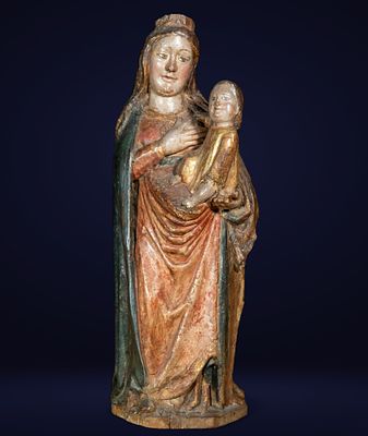 Important Virgin and Child, Late Romanesque to Gothic Transition, Catalonia, 13th - 14th centuries.