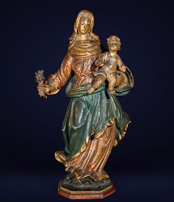 Important Virgin and Child, Catalonia, 17th century. Measurements: 55 x 30 x 16 cm