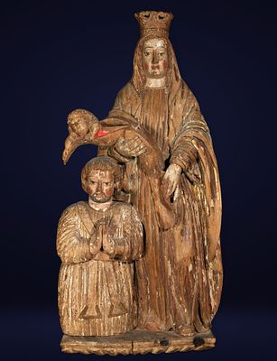 Monumental and exquisite Virgin with Child and Donor, Portuguese colonial Goa, 16th century -
