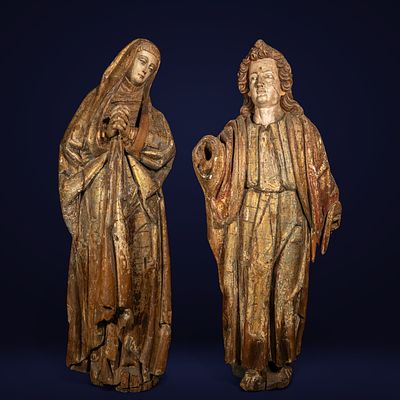 Exceptional Monumental Late Gothic Flemish Pair of Saint John and Mary from the 15th century. Lat