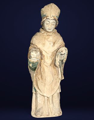 French Gothic Ile-de-France, 13th-14th century - Important Holy Bishop in polychromed carved stone.