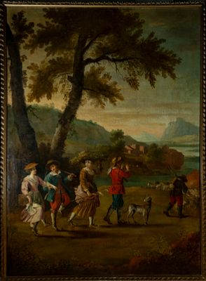 Decorative French tumeau of a French Gallant Scene from the 18th century - Oil on canvas. Measure