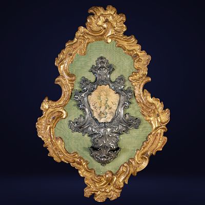 Baroque silver holy water font with Immaculate Conception vellum - 18th century Baroque Master. I