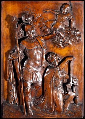 Wooden relief in its color representing justice, 17th century. Wood. Measurements: 52 cm x 34 cm 
