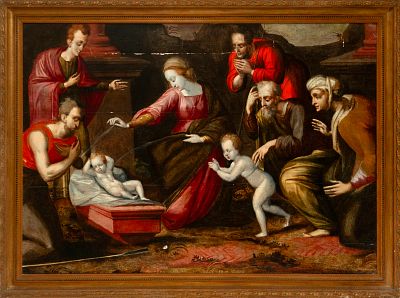 Monumental Adoration of the Shepherds on board. Flemish School of Ambres, 16th Century. Oil on 