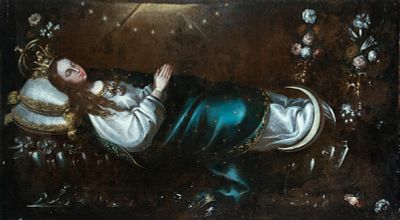 Monumental Recumbent Virgin - Spanish or Colonial Master of the 17th century. Oil on canvas. 