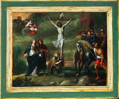 Crucifixion. Antwerp School. 17th century. Oil on copper. Dimensions: 57 x 74.5 cm. Christ 