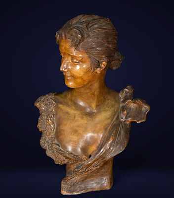 Art Nouveau Bronze Female Bust, signed Van der Straeten 1887, Paris, 19th Century. Bronze. This 