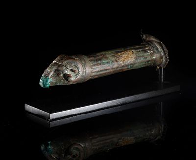 Exceptional Roman Bronze Bed or Altar Topper of a Deity, 1st Century BC. 16 x 3.5 cm. Formerly a 