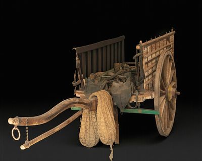 Farm cart with harness and implements. Wood and wrought iron. Dimensions: 280 x 160 x 150 cm. 