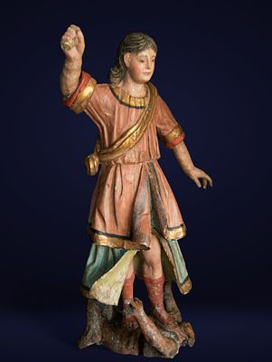 Saint Michael defeating Satan, Hispanic School, 17th Century. Carved and polychromed wood. 