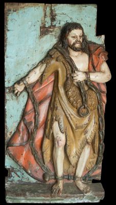 Saint John in chains on the island of Patmos, Castilian School, 17th Century. Carved and 