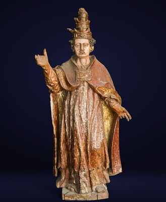 Bishop giving a blessing, Castilian school, 17th century. Carved and polychromed wood. 