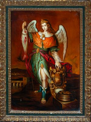 Saint Raphael. Signed Juan del Palomar. New Spanish School. 20th Century. Oil on copper. 