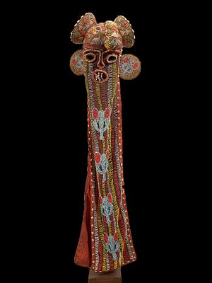Elephant mask with beads, Grassland village, Cameroon, 20th century. Polychrome glass beads and 