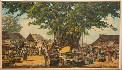 GA Kadir (1901-1995) - View of an Indonesian village (Bungur Tjianjur). Oil on canvas, signed 