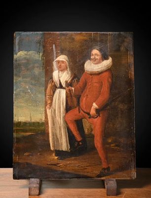 17th Century Flemish School - Peasant Couple. Oil on panel. Dimensions: 22.7 &times; 34 cm. A 