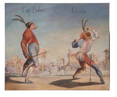 Scene from the Commedia dell'Arte. Cucuba mocking in the style of Captain Babeo, after Jacques 