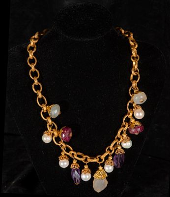 Gilded Silver Necklace with Blue Chalcedony Cabochon and Gemstone Pendants. Necklace of gilded 