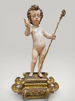 Exceptional 16th-century Sevillian Child with original base - Attributed to Juan de Mesa. Polychr 