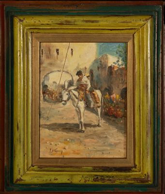 Jos&eacute; Navarro Llorens (Valencia, 1867-1923), Muleteer on a donkey. Oil on canvas adhered to board 