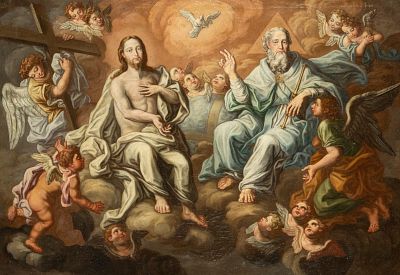 Italian or Spanish Baroque Master, Holy Trinity, 18th century. Oil on canvas, good condition 