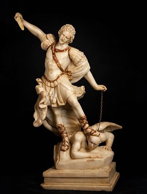 Large Saint Michael the Archangel in Alabaster, Italy, 17th Century Roman Work. Dimensions: 90 x 