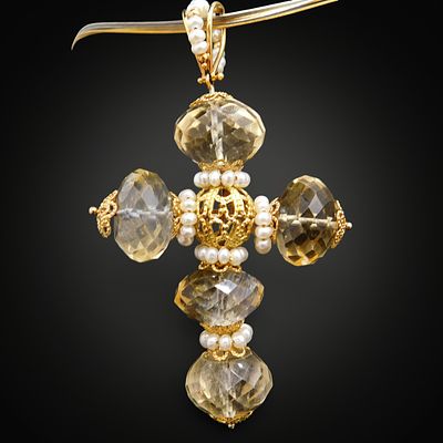Large gold pendant cross with citrines and pearls. Measures 9.0 x 4.6 cm; weight 27 g. 18k (750) 