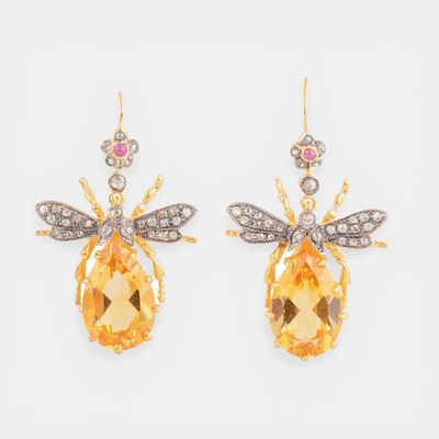 Earrings with citrines of approx. 10 ct, rubies of approx. 0.15 ct and rose cut diamonds of 