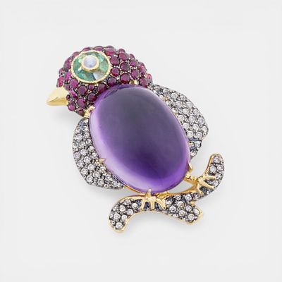 Brooch/pendant with amethyst of approx. 25 ct, rubies of approx. 1.50 ct, emeralds of approx. 