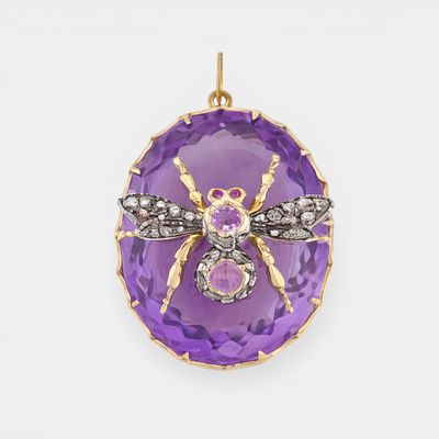 Pendant with amethyst of approx. 30 ct, pink sapphires of approx. 0.42 ct and rose cut diamonds 