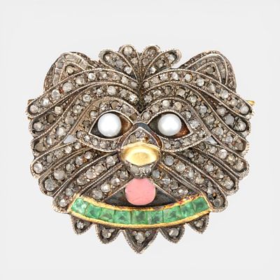 Brooch/pendant with rose cut diamonds of approx. 1.50 ct, emeralds of approx. 0.35 ct, pearl 