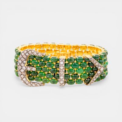 Bracelet with natural emeralds of approx. 100 ct or more and rose cut diamonds of 3.50 ct in total.