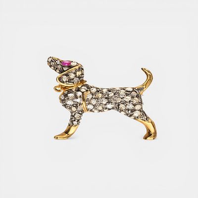 Brooch with rose cut diamonds of approx. 1.02 ct, natural ruby ​​of approx. 0.10 ct and natural 