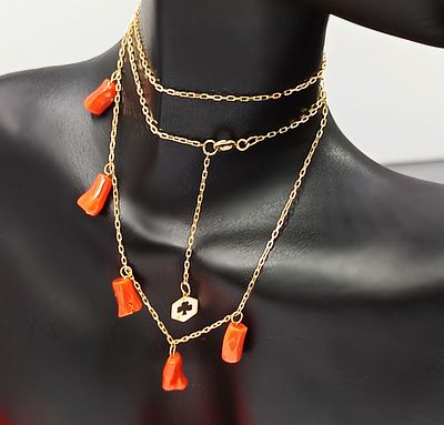 Gold necklace with natural coral pendants, Italian, 20th century. A finely designed Italian 