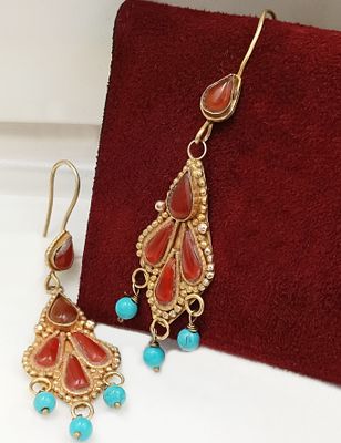 Hoop earrings with carnelian and turquoise pendants, Egyptian, 20th century. Ancient Egyptian 