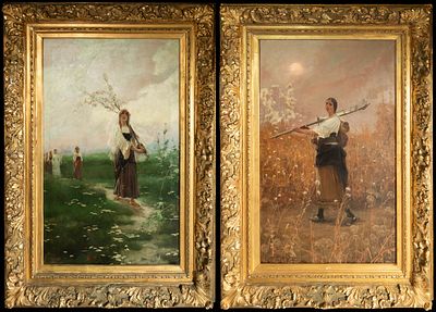ENRIQUE SERRA AUQUE (1859-1918) 19TH C ROMANTIC SCHOOL - LARGE PAIR OF ROMAN PEASANTS. Large 