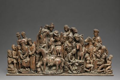 Monumental Late Medieval German Relief Group, Lower Rhine, 15th - 16th Century. Carved oak. 